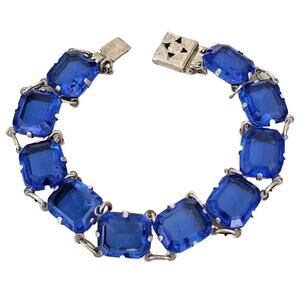Sterling Silver Sapphire Antique Art Deco Faceted Blue Glass Link Panel Bracelet